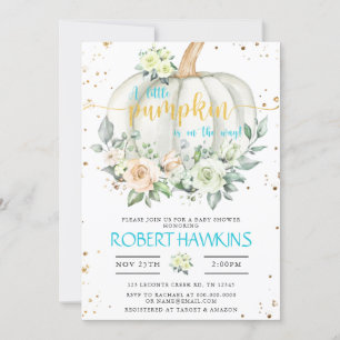 Pumpkin Baby Shower, Blue Gold Elegant Invitation