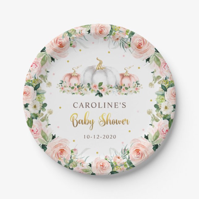 Pumpkin Baby Shower Blush Pink And Gold Paper Plate (Front)