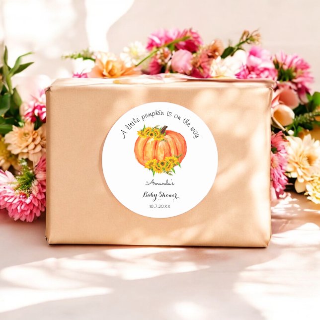 Pumpkin Baby Shower Fall Orange White Sunflower Classic Round Sticker (Creator Uploaded)