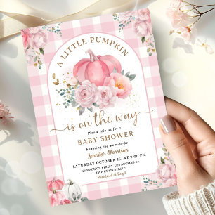 Pumpkin Baby Shower Girl Pink Gingham Fall Invitation