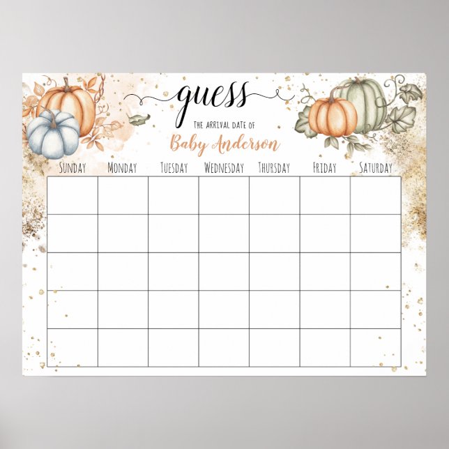 Pumpkin Baby Shower Guess Due Date Calendar Poster (Front)