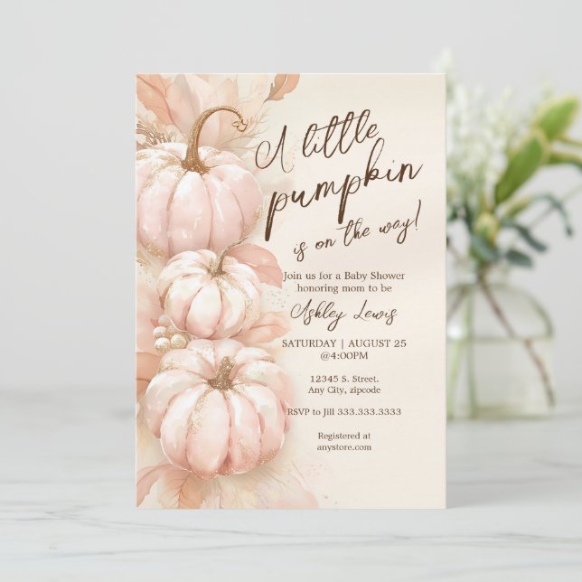 Pumpkin baby shower invitation, blush pink pumpkin invitation (Standing Front)