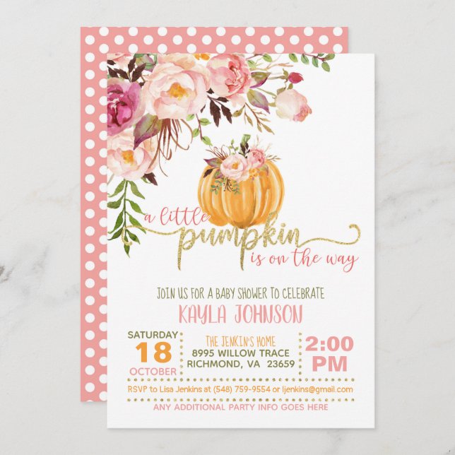 Pumpkin Baby Shower Invitation - Floral Pink Dots (Front/Back)