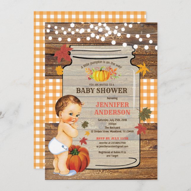 Pumpkin baby shower invitation rustic wood (Front/Back)