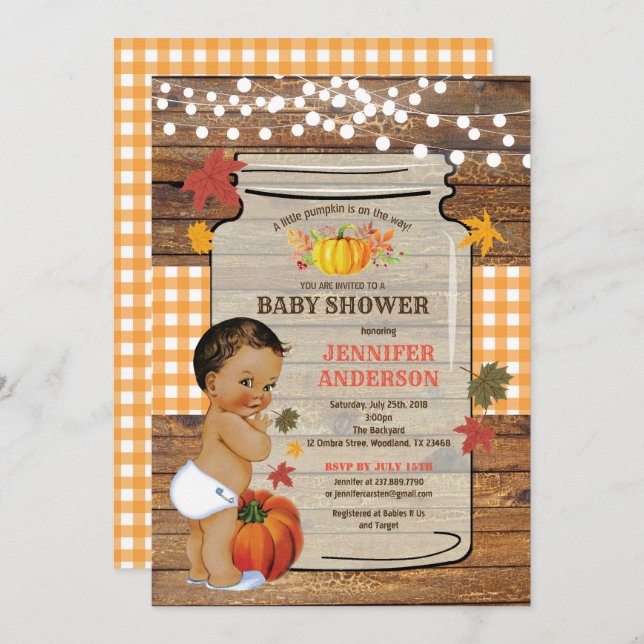 Pumpkin baby shower invitation rustic wood (Front/Back)
