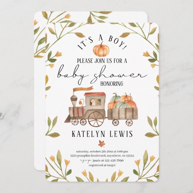 Pumpkin Baby Shower Invitation with Train (Front/Back)
