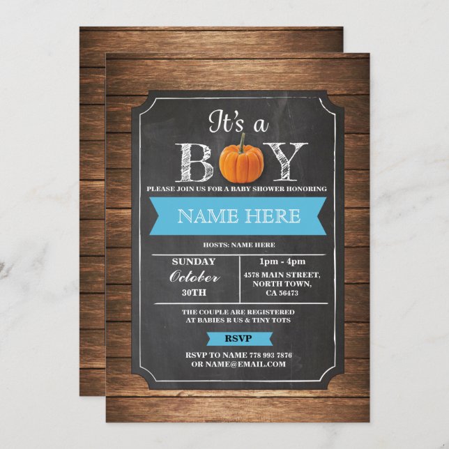Pumpkin Baby Shower It's a Boy Party blue Invite (Front/Back)