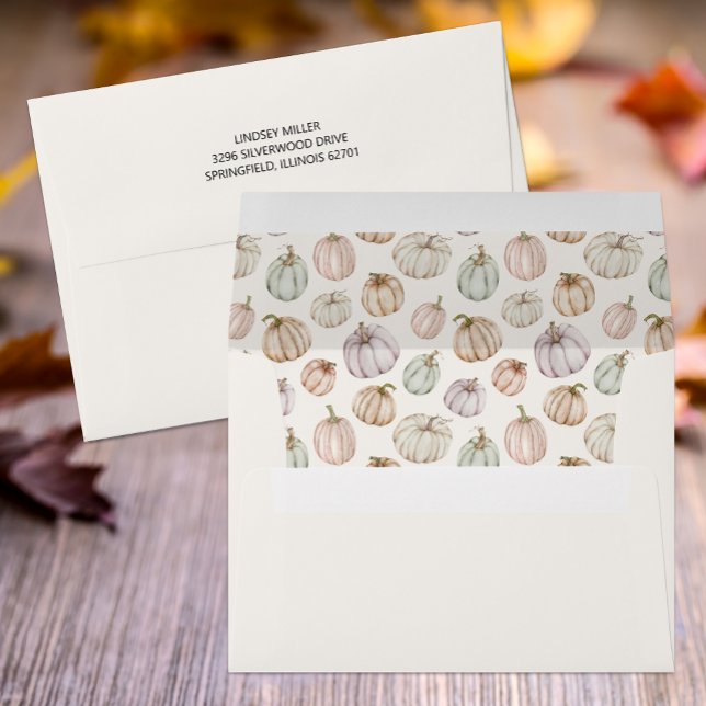 Pumpkin Baby Shower Ivory Envelope (Pumpkin lined pale ivory baby shower envelopes with your FREE return address on the back flap)