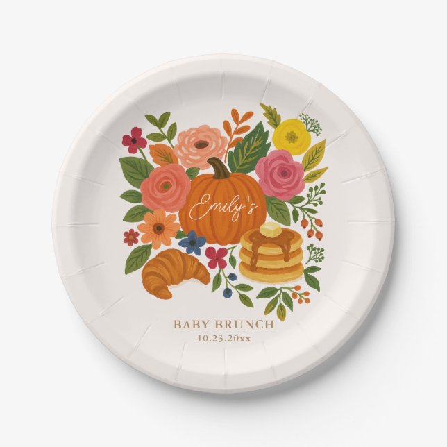 Pumpkin Baby Shower Paper Plate, Fall Floral Plate (Front)