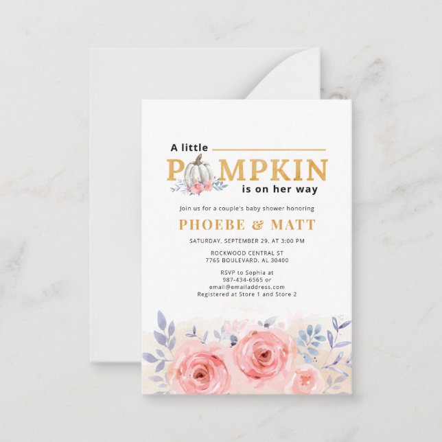 Pumpkin Baby Shower Watercolor Lilac Pink Rose Card (Front)