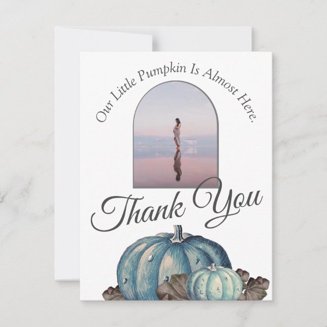 Pumpkin Baby Shower White Blue Watercolor Thank You Card (Front)