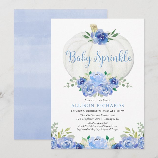 Pumpkin baby sprinkle blue white boy baby shower invitation (Front/Back)