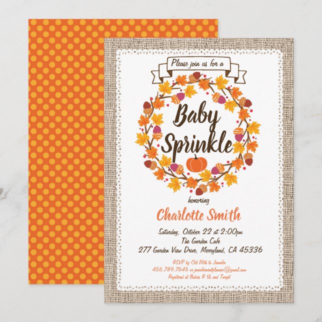 Pumpkin baby sprinkle invitation burlap wreath (Front/Back)