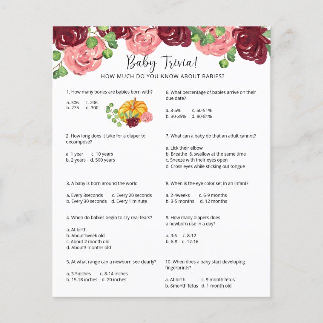Pumpkin Baby Trivia | Baby Shower Game (Front)