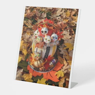 Pumpkin basket of adorable kittens Happy Autumn Pedestal Sign