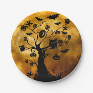 Pumpkin, Bat, and Owl Halloween Paper Plate