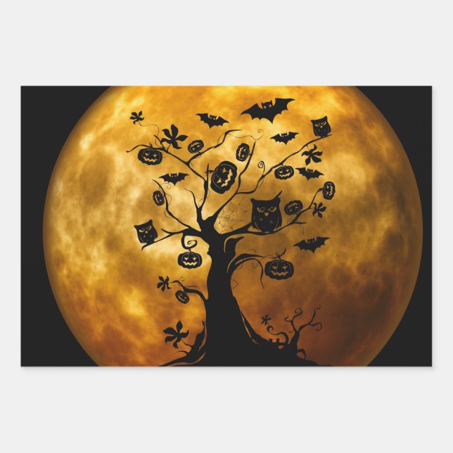 Pumpkin, Bat, Owl, and Orange Moon Wrapping Paper Sheet (Front)
