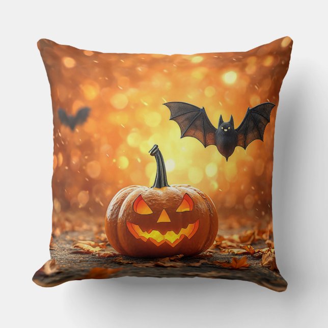 🎃🧡 Pumpkin Bat Spooky Cosy Halloween Night Vibes Cushion (Front)