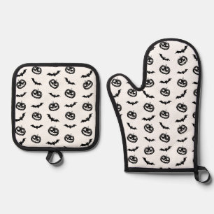 Pumpkin Bat Trick or Treat Black on White Pattern Oven Mitt & Pot Holder Set