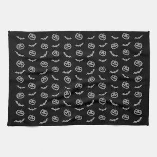 Pumpkin Bat Trick or Treat Black & White Tea Towel
