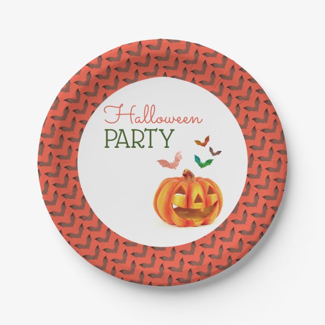 Pumpkin & Bats, Halloween Party Paper Plate (Front)