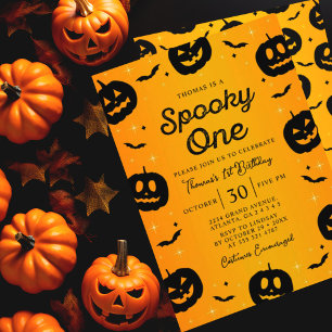 Pumpkin Bats Halloween Spooky One Birthday Party Invitation