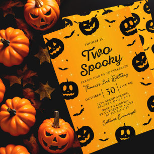 Pumpkin Bats Halloween Two Spooky Birthday Party Invitation