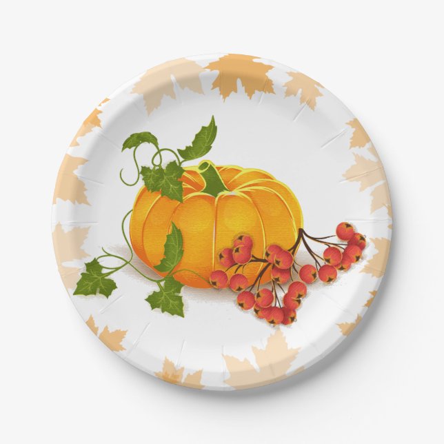 Pumpkin, berries and leaves fall Thanksgiving Paper Plate (Front)
