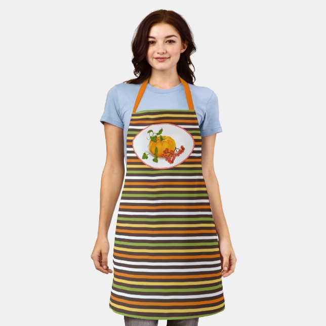 Pumpkin, berries and stripes fall Thanksgiving Apron (Worn)