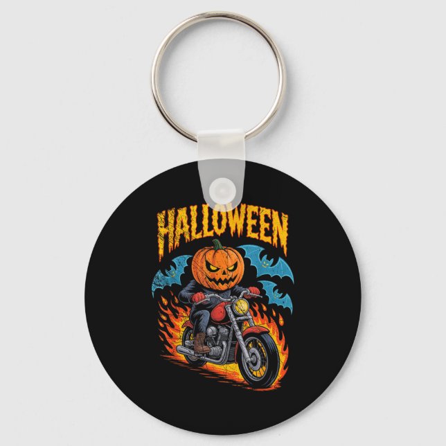 Pumpkin Biker Riding A Motorcycle Halloween Costum Key Ring (Front)