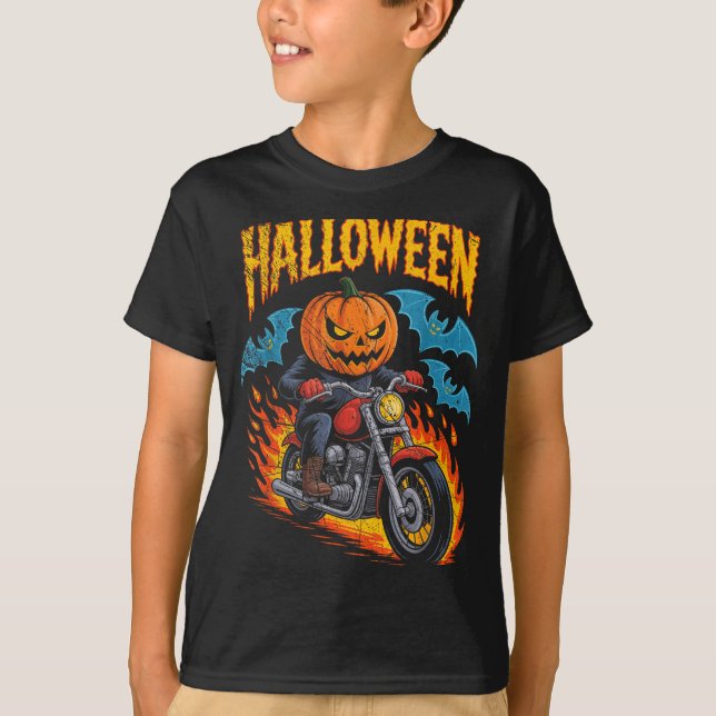 Pumpkin Biker Riding A Motorcycle Halloween Costum T-Shirt (Front)