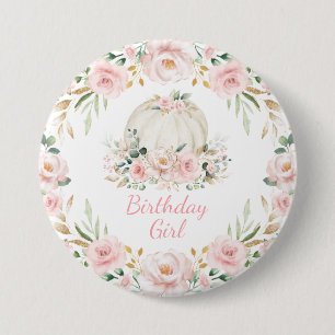 Pumpkin Birthday Girl Pink Blush Fall Floral Roses 7.5 Cm Round Badge