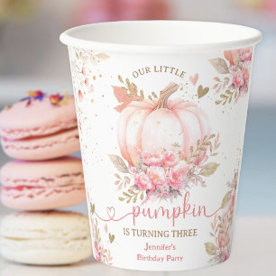 Pumpkin Birthday Girl Pink Gold Moder Fall Paper Cups