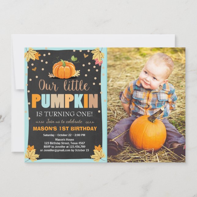 Pumpkin Birthday invitation Boy Birthday Fall blue (Front)