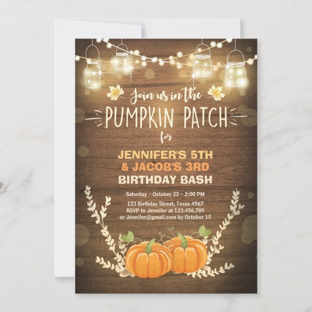Pumpkin Birthday invitation patch Twins Fall (Front)