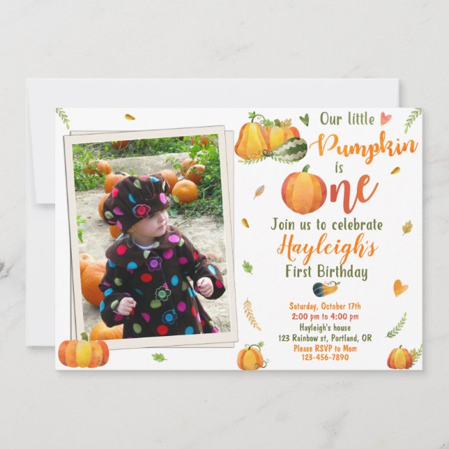 Pumpkin birthday invitation Photo Fall invitation (Front)