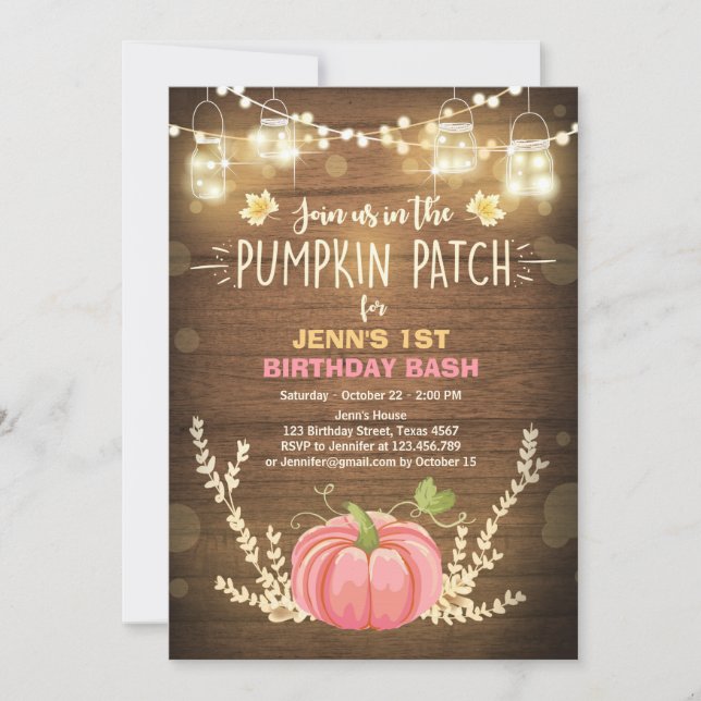 Pumpkin Birthday invitation Pink Girl Birthday (Front)