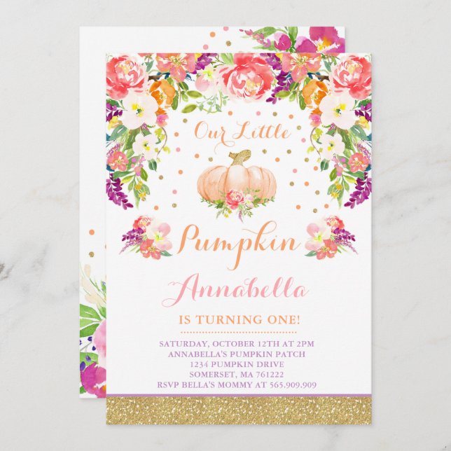 Pumpkin Birthday Invitation Pink Gold Pumpkin (Front/Back)
