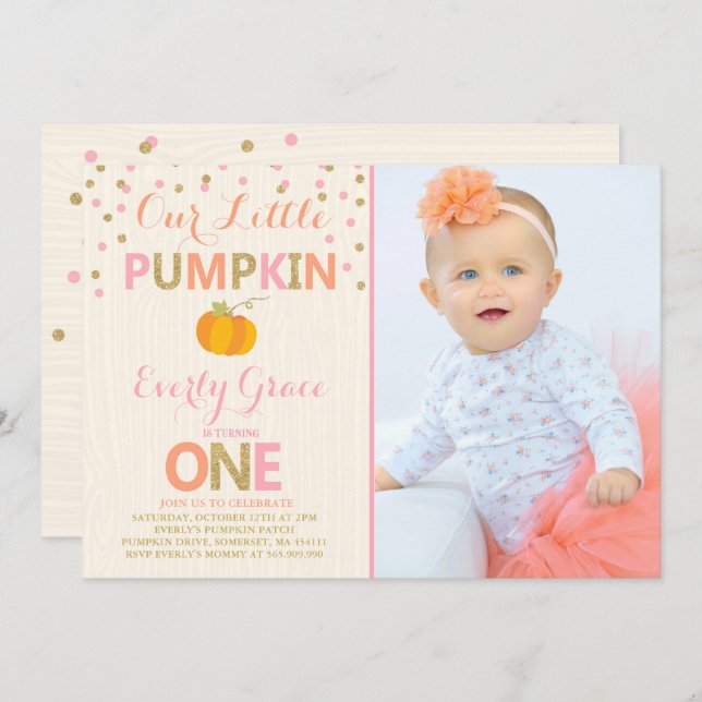 Pumpkin Birthday Invitation Pink Gold Pumpkin (Front/Back)