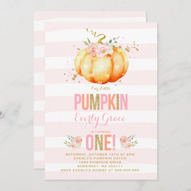 Pumpkin Birthday Invitation Pink Gold Pumpkin (Front/Back)