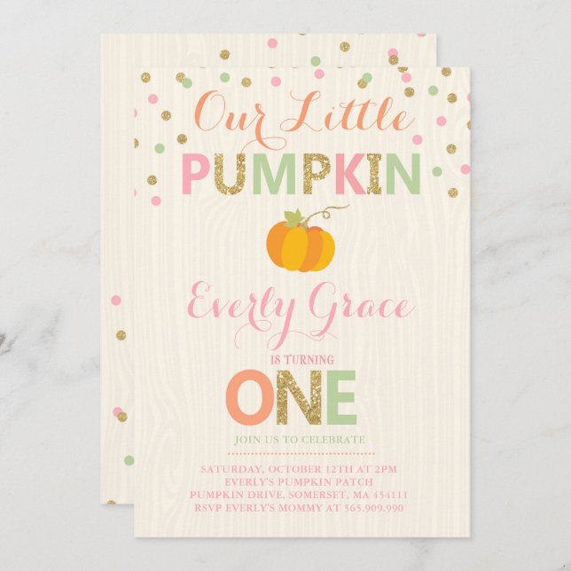 Pumpkin Birthday Invitation Pink Gold Pumpkin (Front/Back)