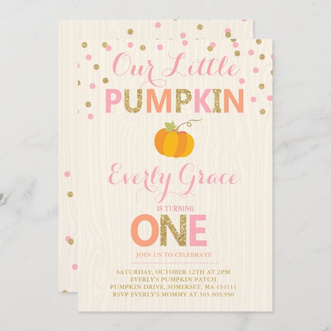 Pumpkin Birthday Invitation Pink Gold Pumpkin (Front/Back)