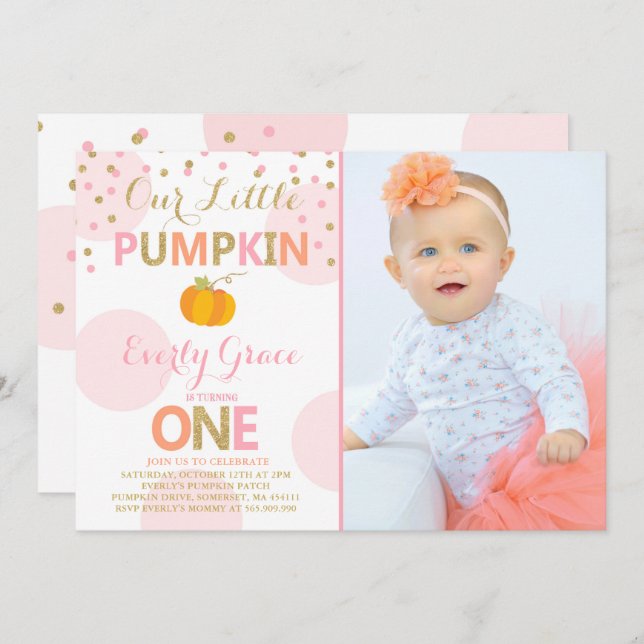 Pumpkin Birthday Invitation Pink Gold Pumpkin (Front/Back)