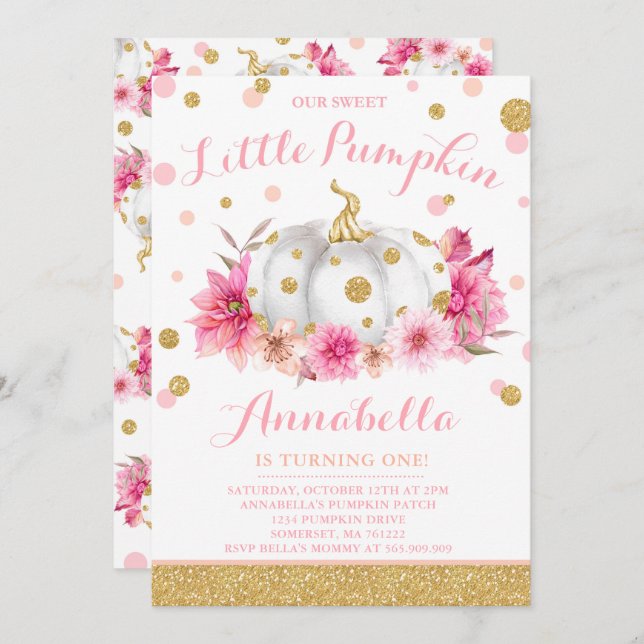 Pumpkin Birthday Invitation Pink Gold Pumpkin (Front/Back)