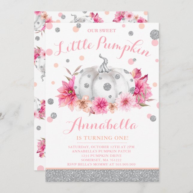 Pumpkin Birthday Invitation Pink Silver Pumpkin (Front/Back)