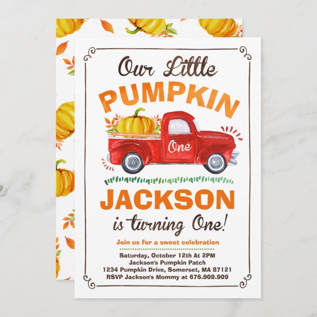 Pumpkin Birthday Invitation Pumpkin Truck Party (Front/Back)