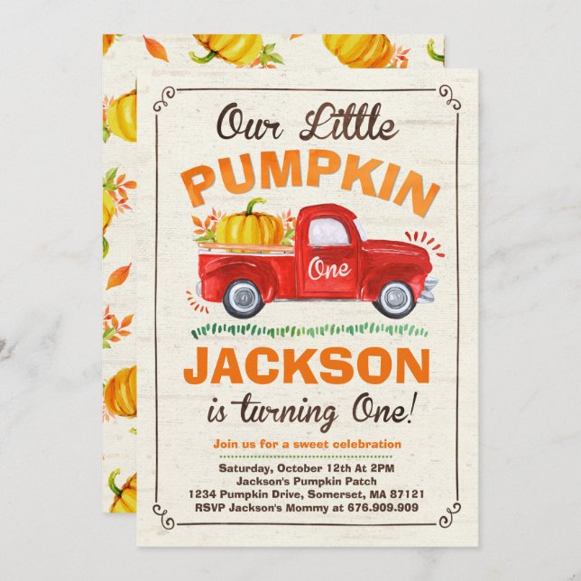 Pumpkin Birthday Invitation Pumpkin Truck Party (Front/Back)
