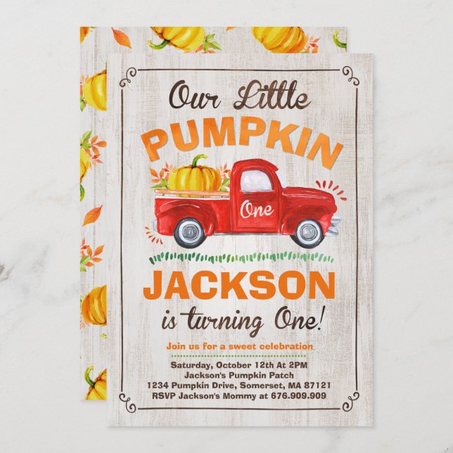 Pumpkin Birthday Invitation Pumpkin Truck Party (Front/Back)