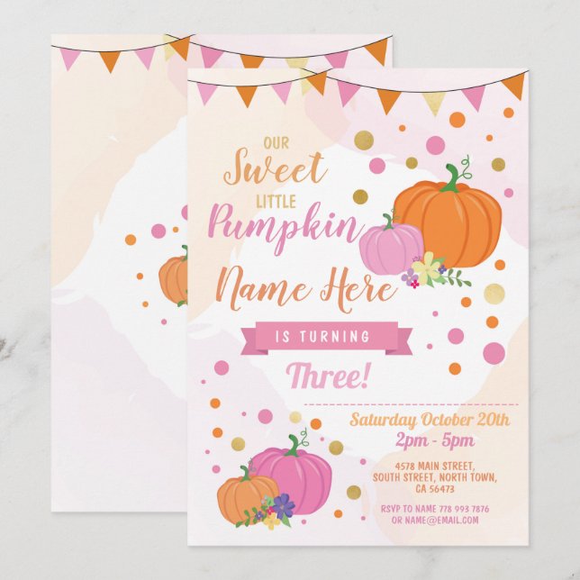 Pumpkin Birthday Invite Fall Pink Girl Gold Pretty (Front/Back)
