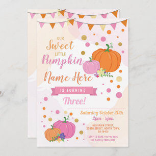 Pumpkin Birthday Invite Fall Pink Girl Gold Pretty